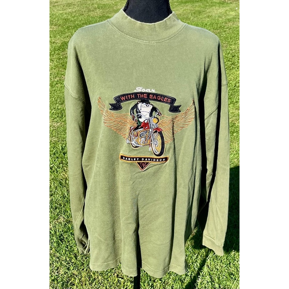 Vintage‎ Harley-Davidson Taz Looney Tunes Shirt Mens XL Green Long Sleeve 90s